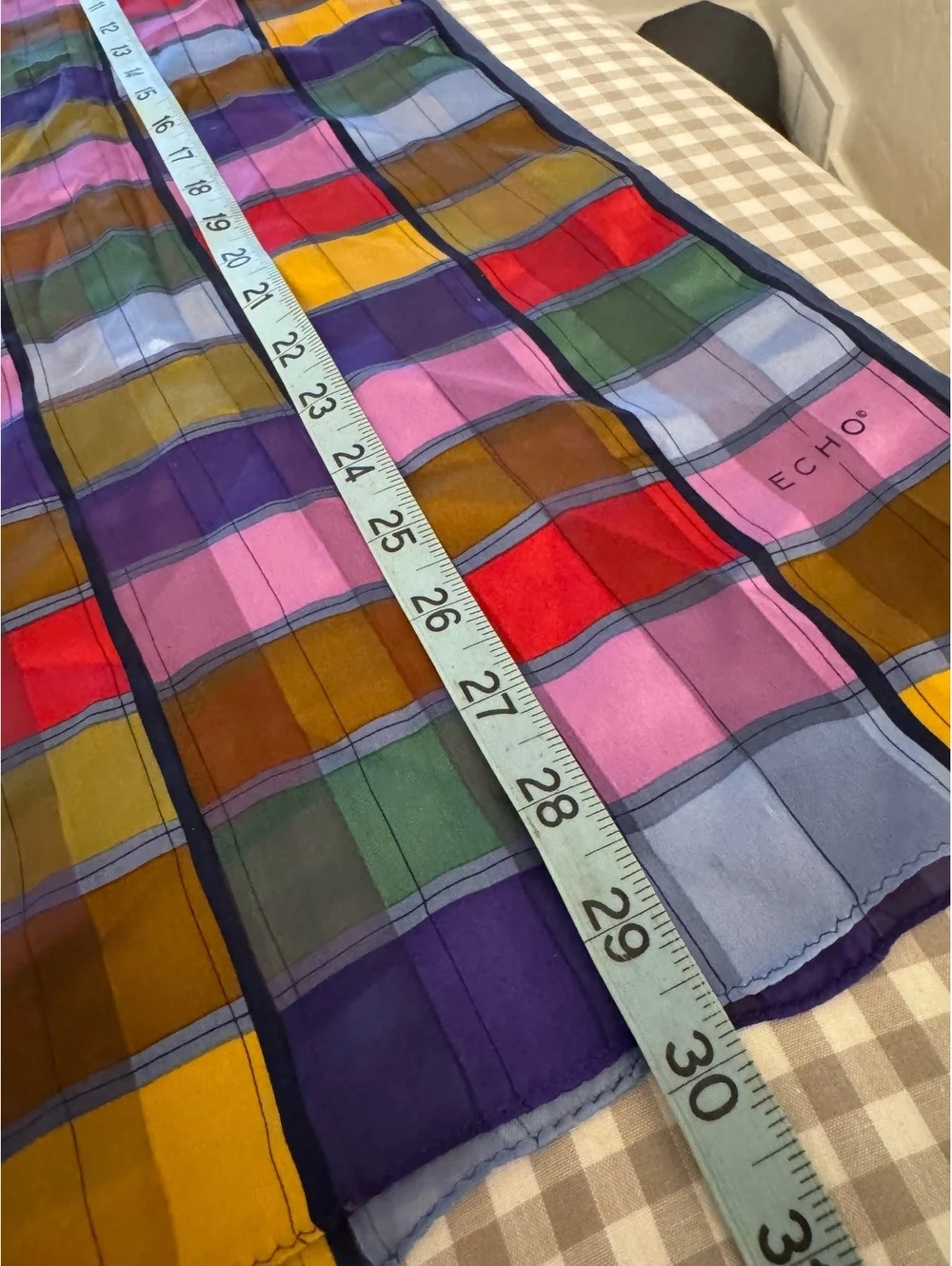 Vintage Echo 100% Silk Multicolor Plaid Long Scarf 60” x 10.5”